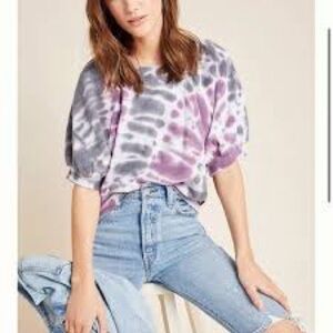 Anthropologie Tie-Dye Short Sleeve Top - Purple and Gray Puff-Sleeve